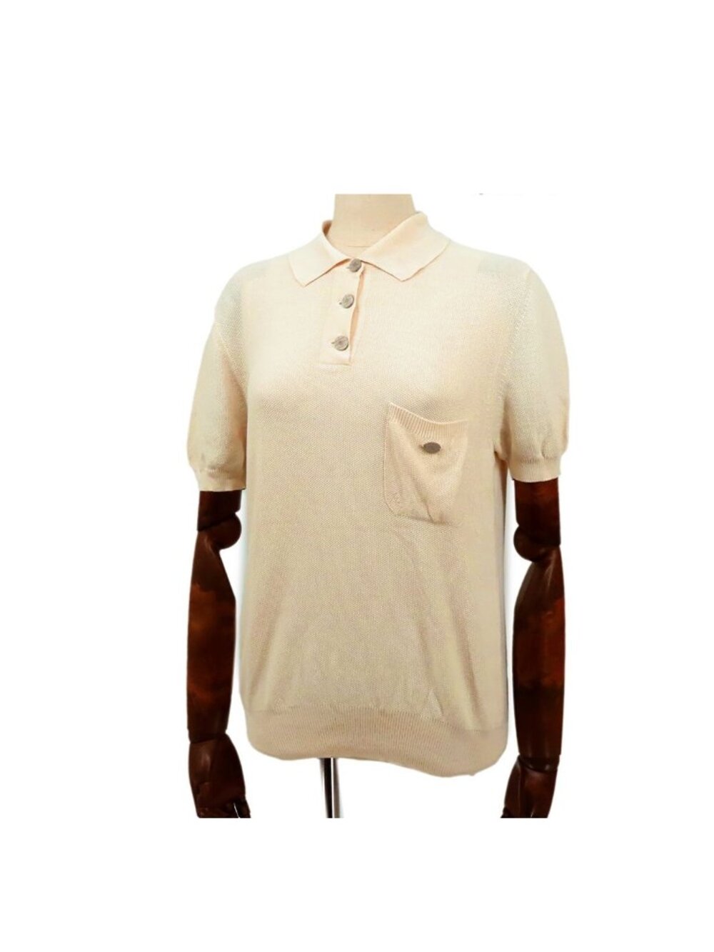 Chanel Polo Shirt Beige Silk Short Sleeve Coco Buttons Top 40
